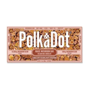 PolkaDot Creamy Hazelnut Wafer Chocolate Bar packaging showing functional mushroom blend details